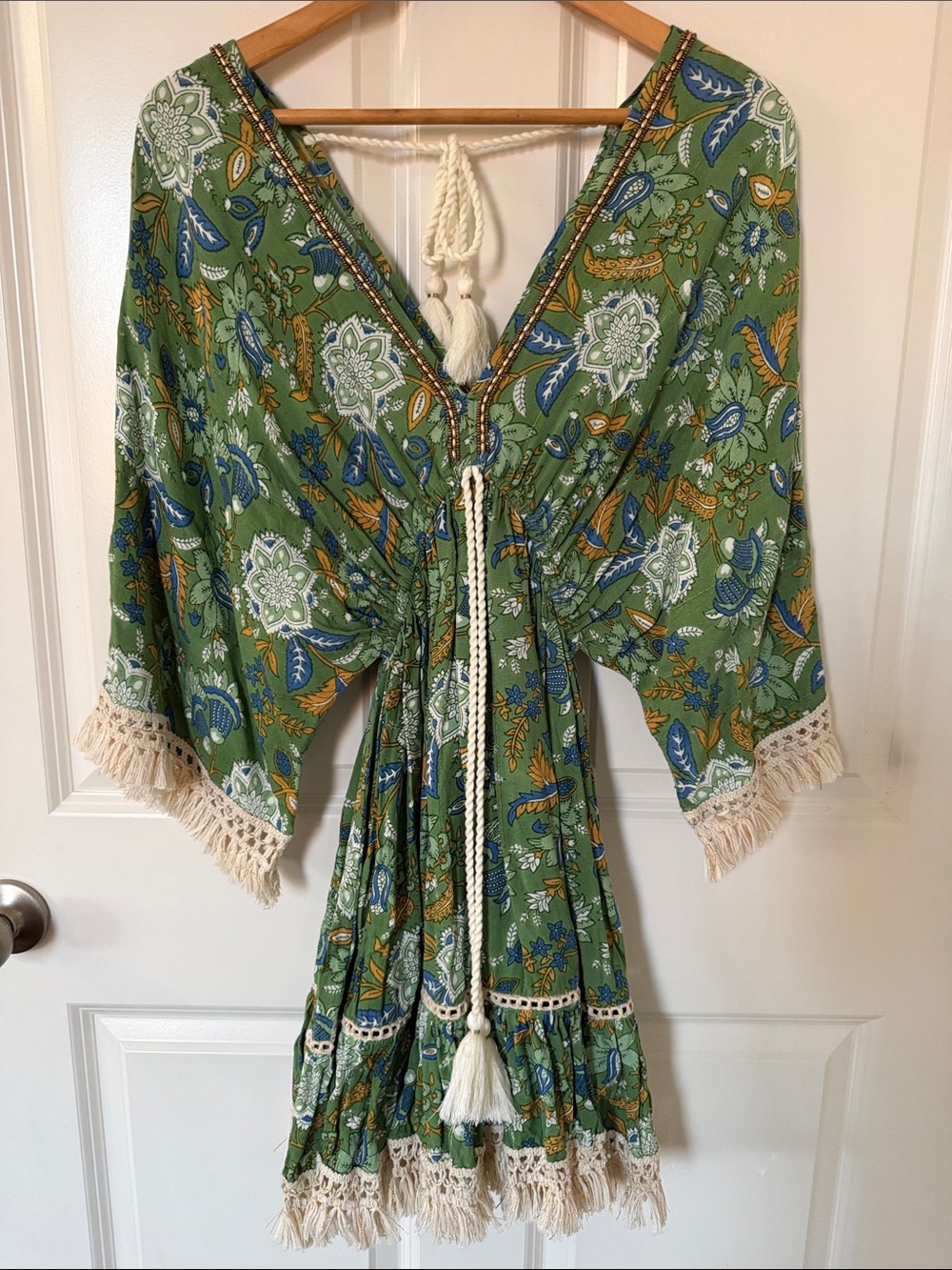 Green Floral Tassel Mini Dress with Fringe Trim